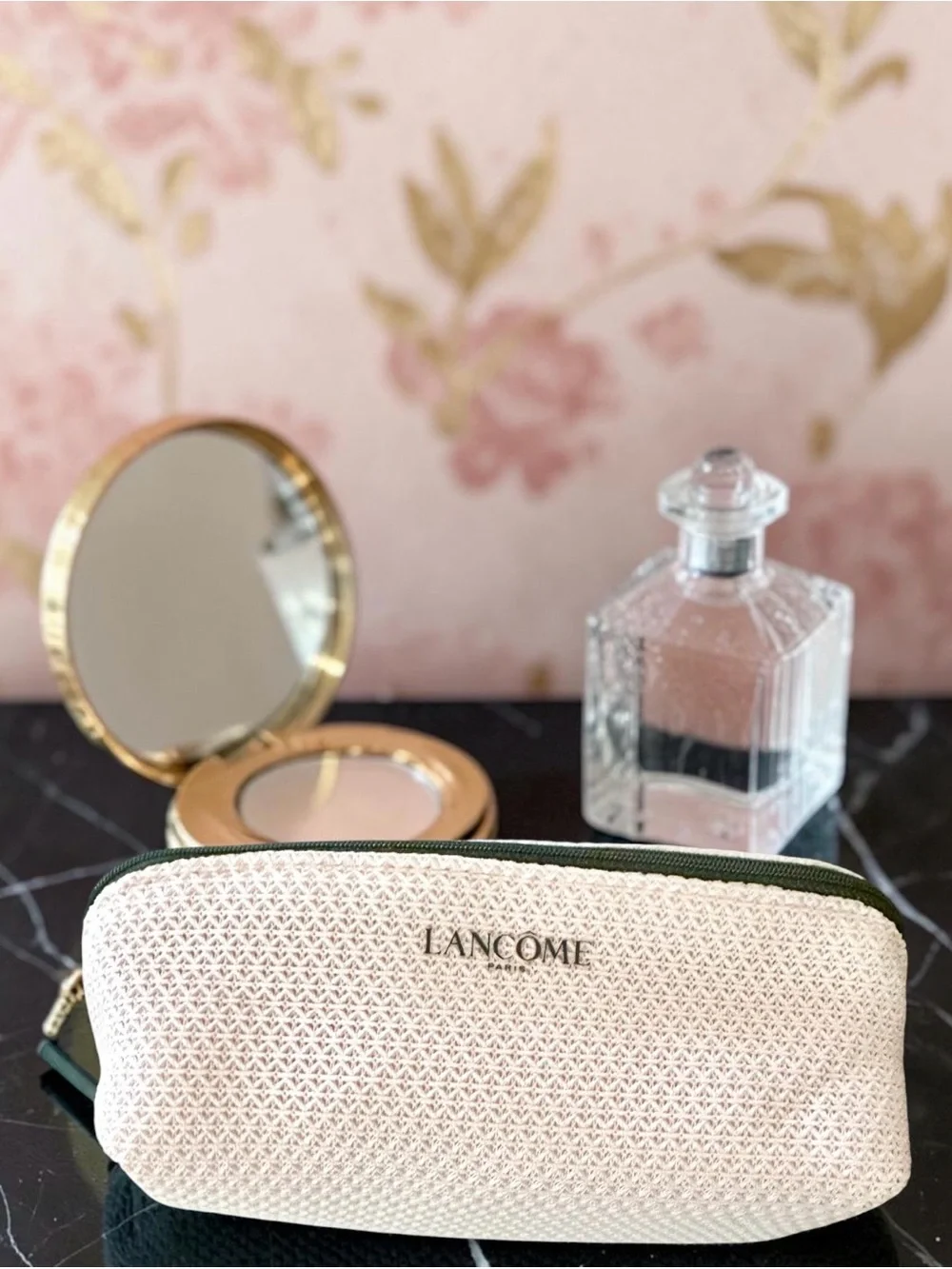 Lancôme Pink Woven Cosmetic Pouch With Black Trim. NEW